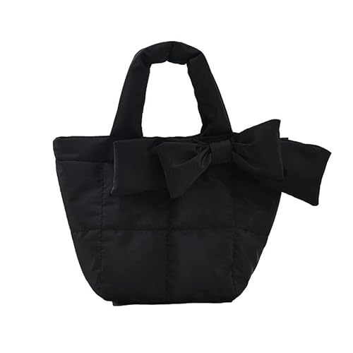 Space Pad Baumwolle Handtasche for Frauen Winter Nylon Schulter Umhängetasche gesteppte gepolsterte weibliche flauschige Schleife Tote(Black) von WEQYFDC