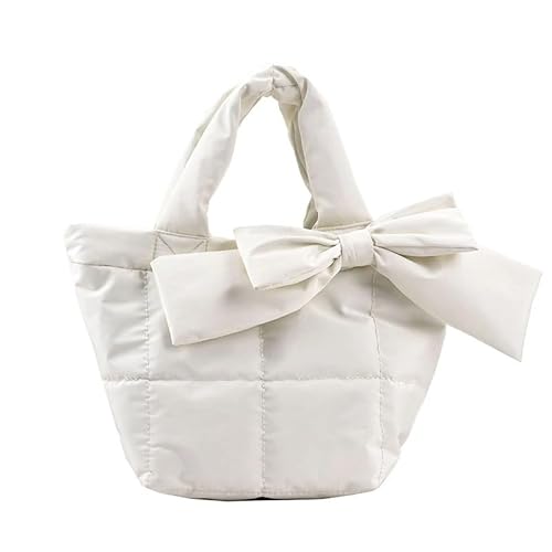 Space Pad Baumwolle Handtasche for Frauen Winter Nylon Schulter Umhängetasche gesteppte gepolsterte weibliche flauschige Schleife Tote(White) von WEQYFDC