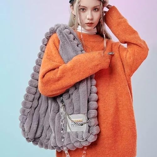 WEQYFDC Flauschige Umhängetaschen for Damen, großes Fassungsvermögen, rosa, weiche Plüsch-Einkaufstasche, Frottee-Handtaschen for coole Mädchen im Winter(Gray) von WEQYFDC