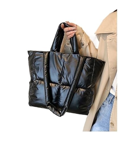 WEQYFDC Große Kapazität Winter Frau Unten Baumwolle Flauschigen Einkaufen Schulter Seite Tasche Geldbörsen Wasserdichte Puffy Tote Gepolsterte Handtaschen for Frauen(Black) von WEQYFDC