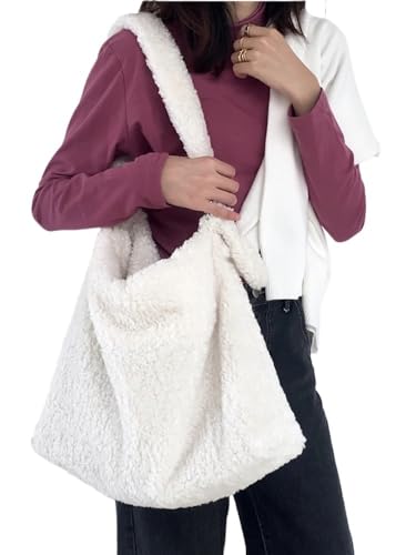 WEQYFDC Weiche Plüschtaschen Messenger Umhängetasche Umhängetasche Große Kapazität Künstliche Lämmer Wolle Frauen Design Casual Tote Einkaufstasche von WEQYFDC