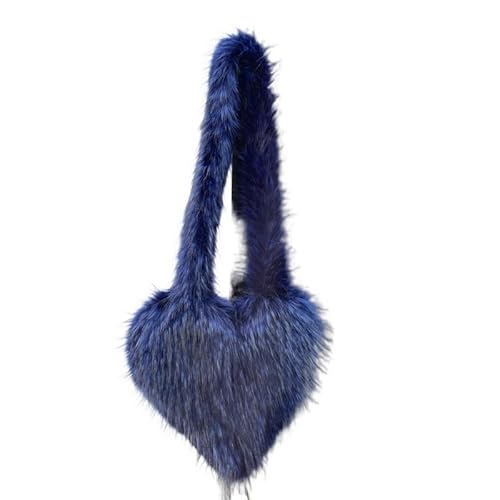 Winter Frauen Handtaschen Nette Plüsch Damen Herzförmige Schulter Taschen Niedliche Weibliche Kupplung Geldbörse Liebe Handtasche(Dark Blue) von WEQYFDC
