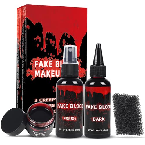 Halloween-Make-up-Set, Kunstblut tropfend, 57,5 g + Spray 57,5 g + koaguliertes 38,3 g, realistisches, waschbares Kunstblut für Zombie-Monster, Mundkleidung, Vampir, Cosplay und Verkleidungen, 3 Stück Halloween-Make-up-Set, Kunstblut tropfend, 57,5 g + Spray 57,5 g + koaguliertes 38,3 g, realistisches, waschbares Kunstblut für Zombie-Monster, Mundkleidung, Vampir, Cosplay und Verkleidungen, 3 Stück von WERBME