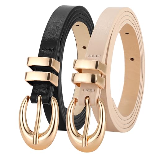 WERFORU 2 Stück Damen Skinny Gürtel Damen Dünne Ledergürtel mit Gold/Silber Schnallen für Jeans Hosen Kleider von WERFORU