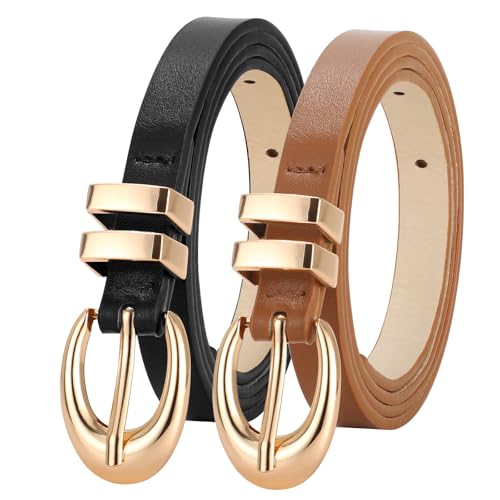 WERFORU 2 Stück Damen Skinny Gürtel Damen Dünne Ledergürtel mit Gold/Silber Schnallen für Jeans Hosen Kleider von WERFORU
