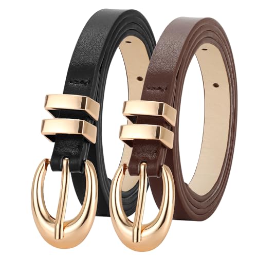 WERFORU 2 Stück Damen Skinny Gürtel Damen Dünne Ledergürtel mit Gold/Silber Schnallen für Jeans Hosen Kleider von WERFORU