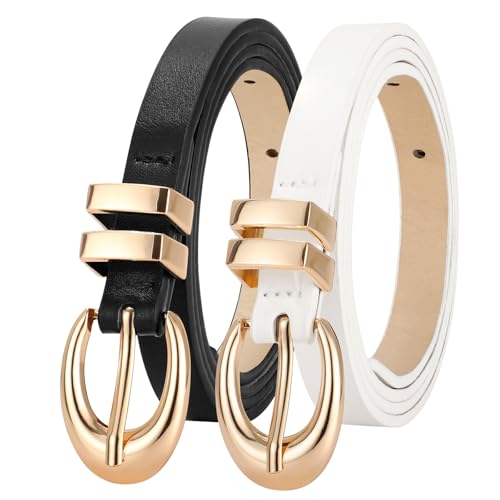 WERFORU 2 Stück Damen Skinny Gürtel Damen Dünne Ledergürtel mit Gold/Silber Schnallen für Jeans Hosen Kleider von WERFORU