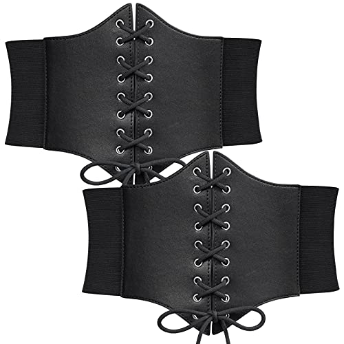 WERFORU 2 Stück Damen Gebundener Waspie Gürtel Breiter Schnürgürtel Korsett Elastischer Taillengürtel Schwarz/Schwarz von WERFORU