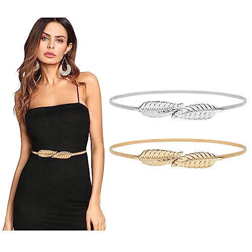 WERFORU 2 Stück Frauen Metall Dünner Gürtel für Kleid Gold elastische dünne Taille Gürtel Stretch Cinch Gürtel von WERFORU