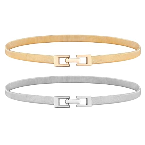 WERFORU 2 Stück Frauen Metall Dünner Gürtel für Kleid Gold elastische dünne Taille Gürtel Stretch Cinch Gürtel von WERFORU