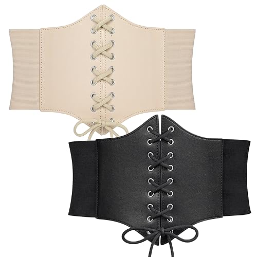 WERFORU 2 Stück Frauen Taille Korsett Tied Waspie Gürtel, Breiter Schnürgürtel für Damen, Halloween Elastische Taille Gürtel Schwarz/Beige von WERFORU