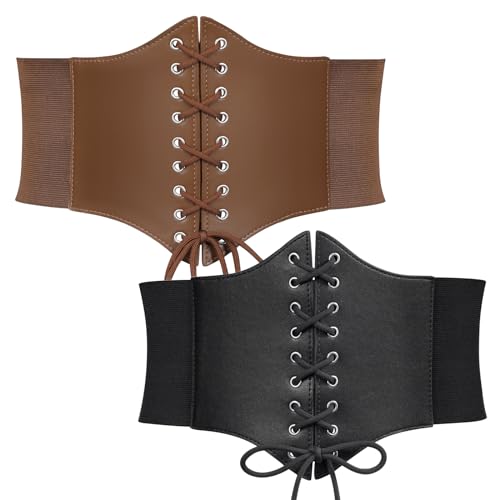 WERFORU 2 Stück Frauen Taille Korsett Tied Waspie Gürtel, Breiter Schnürgürtel für Damen, Halloween Elastische Taille Gürtel Schwarz/Hellbraun von WERFORU