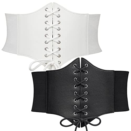 WERFORU 2 Stück Frauen Tied Waspie Gürtel, Breiter Schnürgürtel für Damen, Korsett elastische Taille Gürtel Schwarz/Weiß von WERFORU