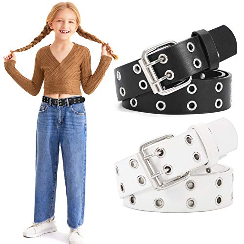 WERFORU 2 Stück Mädchen Gürtel Kinder PU Leder Punk Rock Gürtel für Hosen Jeans Schwarz/Weiß von WERFORU