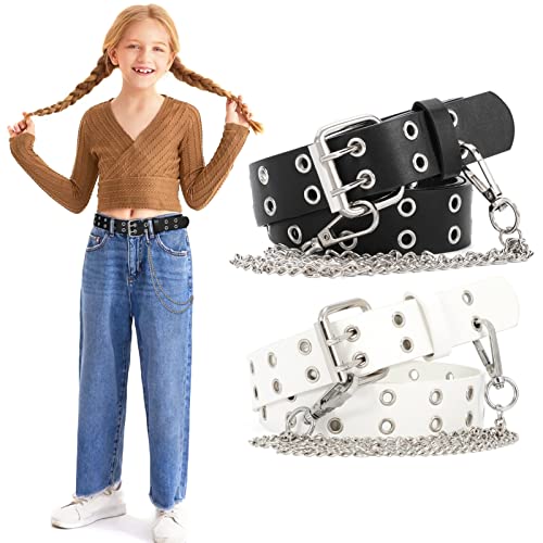 WERFORU 2 Stück Mädchen Gürtel mit Kette Kinder PU Leder Punk Gürtel mit abnehmbarer Kette Schwarz/Weiß von WERFORU