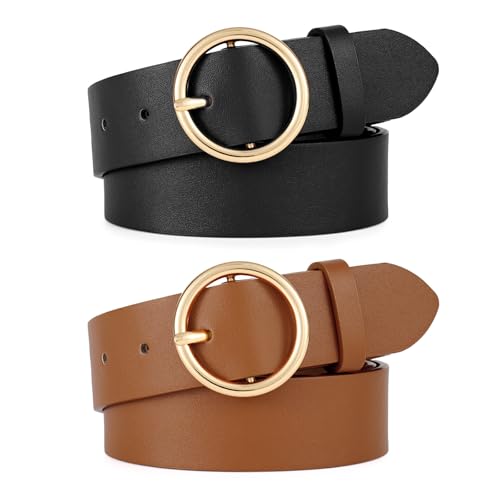 WERFORU 2 Stücke Frauen Ledergürtel für Jeans Hosen Mode Damen Leder Gürtel mit Gold O-Ring Schnalle Schwarz/Braun von WERFORU