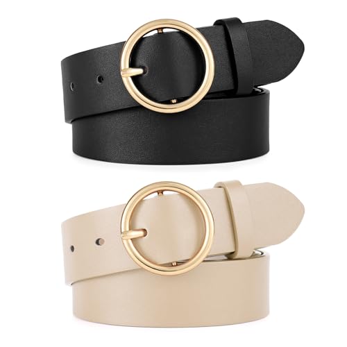 WERFORU 2 Stücke Frauen Ledergürtel für Jeans Hosen Mode Damen Leder Gürtel mit Gold O-Ring Schnalle von WERFORU
