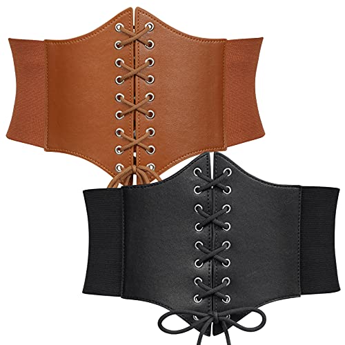 WERFORU 2 Stücke Frauen Tied Waspie Gürtel, Breiter Schnürgürtel Korsett elastische Taille Gürtel für Halloween Karneval Schwarz/Braun von WERFORU