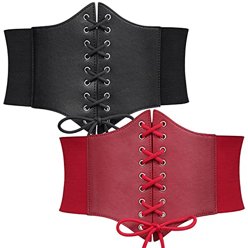 WERFORU 2 Stücke Frauen Tied Waspie Gürtel, Breiter Schnürgürtel für Damen, Korsett elastische Taille Gürtel für Halloween Karneval Schwarz/Rot von WERFORU