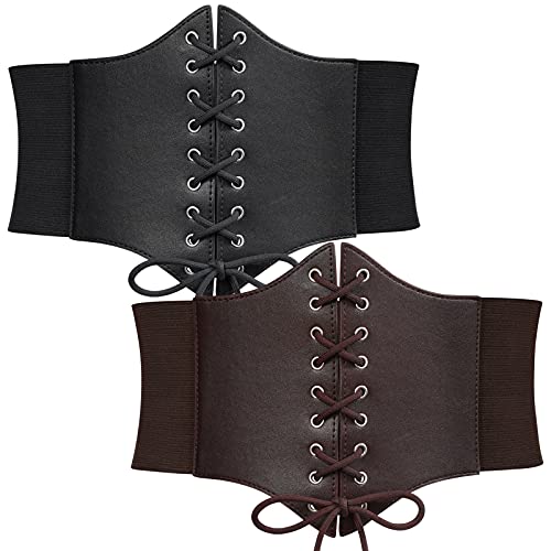 WERFORU 2 Stücke Frauen Tied Waspie Gürtel, Breiter Schnürgürtel für Damen, Korsett elastische Taille Gürtel für Halloween Schwarz/Kaffee von WERFORU