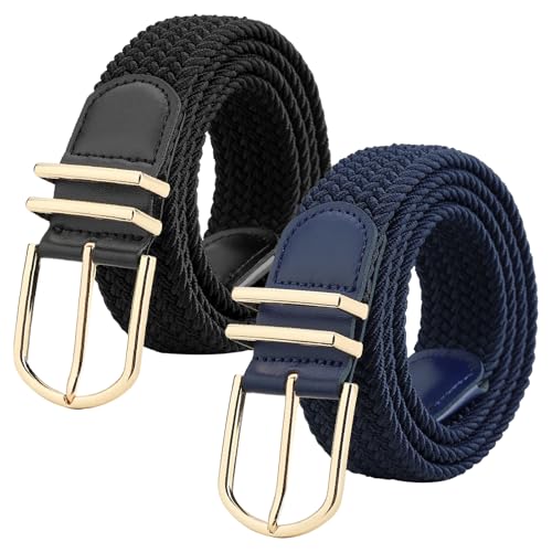WERFORU Unisex Geflochtener Elastischer Gürtel 2 Stücke Stretch Gürtel für Männer und Frauen Verstellbarer Stoffgürtel für Jeans und Hosen Schwarz+Blau von WERFORU