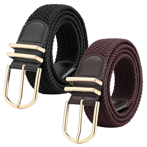 WERFORU Unisex Geflochtener Elastischer Gürtel 2 Stücke Stretch Gürtel für Männer und Frauen Verstellbarer Stoffgürtel für Jeans und Hosen Schwarz+Kaffee von WERFORU