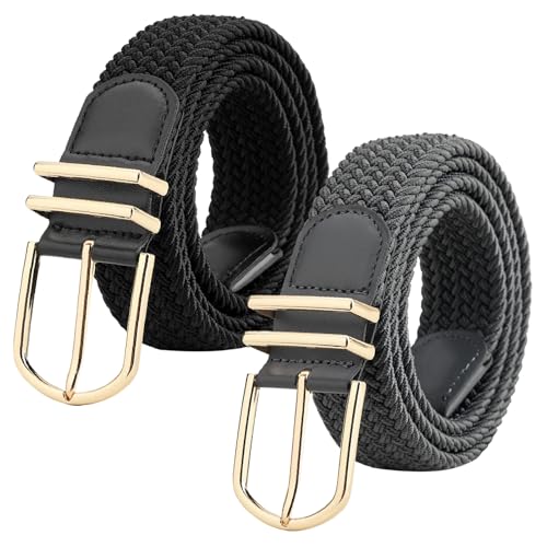 WERFORU Unisex Geflochtener Elastischer Gürtel 2 Stücke Stretch Gürtel für Männer und Frauen Verstellbarer Stoffgürtel für Jeans und Hosen Schwarz+Grau von WERFORU