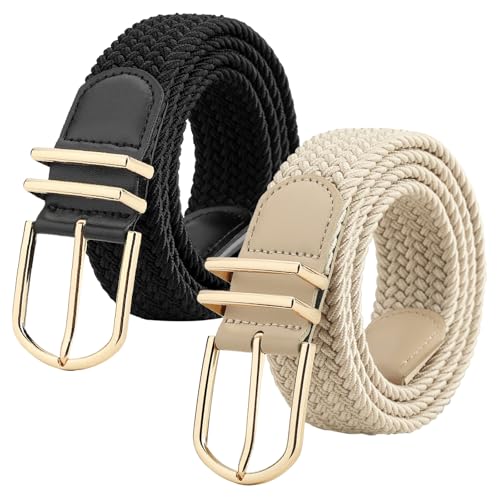 WERFORU Unisex Geflochtener Elastischer Gürtel 2 Stücke Stretch Gürtel für Männer und Frauen Verstellbarer Stoffgürtel für Jeans und Hosen Schwarz+Kaffee von WERFORU
