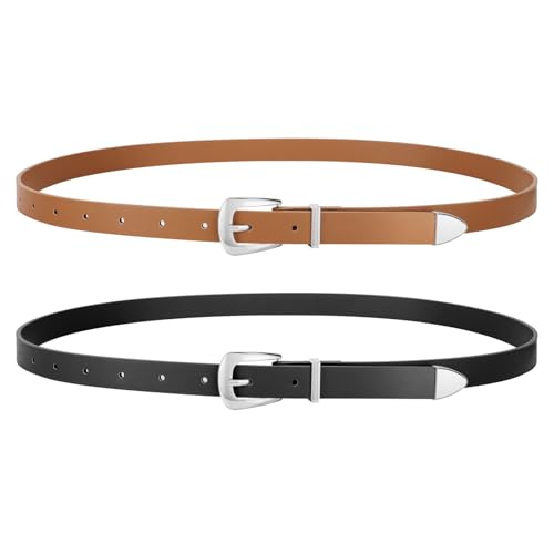 WERFORU 2 Stück Skinny Damen Ledergürtel für Kleider Dünner Taillengürtel für Jeans Hosen von WERFORU