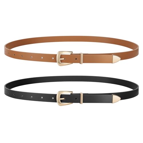 WERFORU 2 Stück Skinny Damen Ledergürtel für Kleider Dünner Taillengürtel für Jeans Hosen von WERFORU