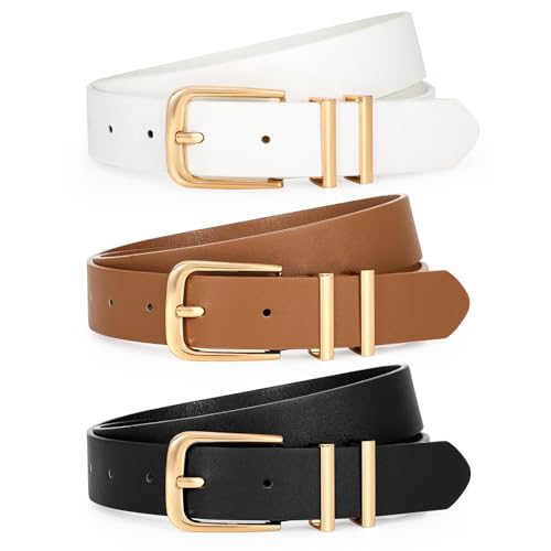 WERFORU 3 Stück Damen Leder Gürtel Mode Taille Gürtel für Jeans Hosen Kleider mit Goldene Schnalle Schwarz/Braun/Weiß von WERFORU