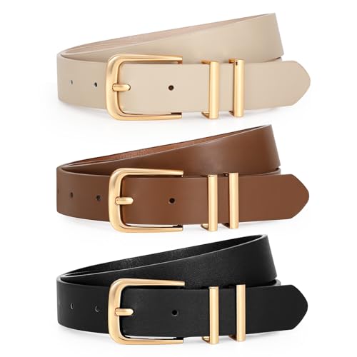 WERFORU 3 Stück Damen Leder Gürtel Mode Taille Gürtel für Jeans Hosen Kleider mit Goldene Schnalle Schwarz/Kaffee/Beige von WERFORU