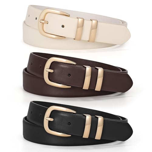 WERFORU 3 Stück Damen Ledergürtel für Jeans Modische Damen Gürtel mit Metallschnalle Schwarz/Coffee/Beige von WERFORU
