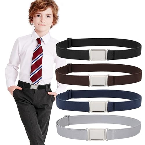 WERFORU 4 Stück Kinder Verstellbarer Magnetgürtel Jungen Mädchen Elastischer Gürtel mit Einfacher Magnetschnalle Schwarz/Kaffee/Blau/Grau von WERFORU