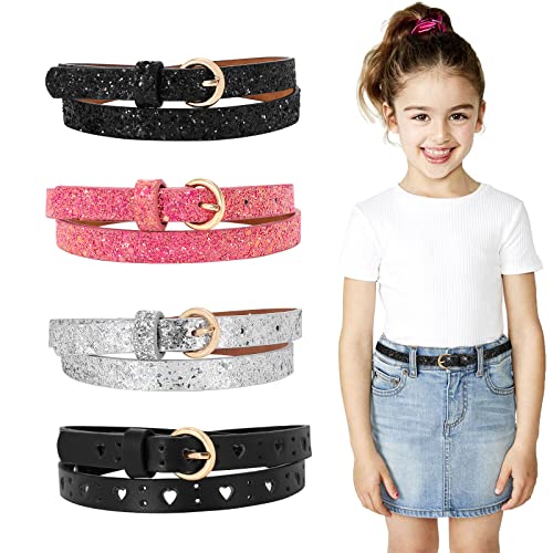 WERFORU 4 Stück Kinder Skinny Gürtel Glitter PU Ledergürtel für Mädchen Bunte Mädchen Gürtel mit Goldschnalle für Jeans Kleid von WERFORU