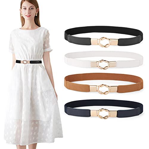WERFORU 4 Stücke Dünne Gürtel Damen Elastische Taillengürtel Dehnbarer Kleid Gürtel mit Goldene Schnalle Schwarz/Braun/Weiß/Blau von WERFORU