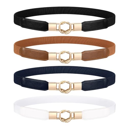 WERFORU 4 Stücke Dünne Gürtel Damen Elastische Taillengürtel Dehnbarer Kleid Gürtel mit Goldene Schnalle Schwarz/Braun/Weiß/Blau von WERFORU