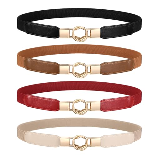 WERFORU 4 Stücke Dünne Gürtel Damen Elastische Taillengürtel Dehnbarer Kleid Gürtel mit Goldene Schnalle Schwarz/Braun/Beige/Rot von WERFORU