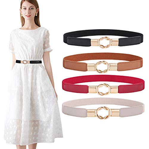 WERFORU 4 Stücke Dünne Gürtel Damen Elastische Taillengürtel Dehnbarer Kleid Gürtel mit Goldene Schnalle Schwarz/Braun/Beige/Rot von WERFORU