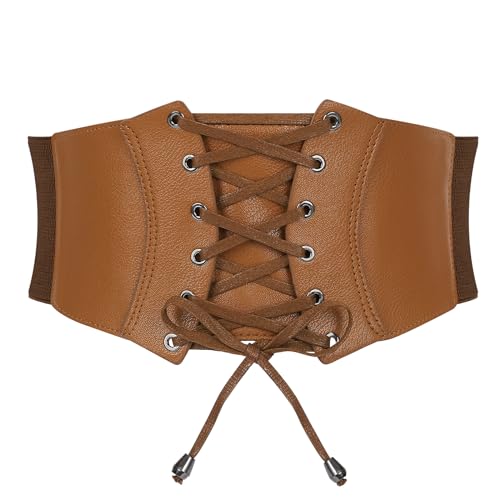 WERFORU Damen Breiter Gürtel Vintage Elastischer Taillengürtel Faux Leder Korsett Gürtel Schnürung Cinch Taillengürtel Braun von WERFORU