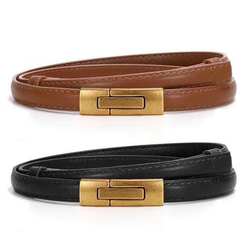 WERFORU Damen Skinny Ledergürtel Verstellbarer dünner Taillengürtel Dekorativer Gürtel für Kleider Jeans Mantel mit goldener Drehschnalle von WERFORU
