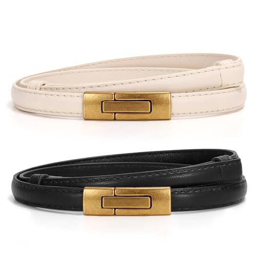 WERFORU Damen Skinny Ledergürtel Verstellbarer dünner Taillengürtel Dekorativer Gürtel für Kleider Jeans Mantel mit goldener Drehschnalle von WERFORU