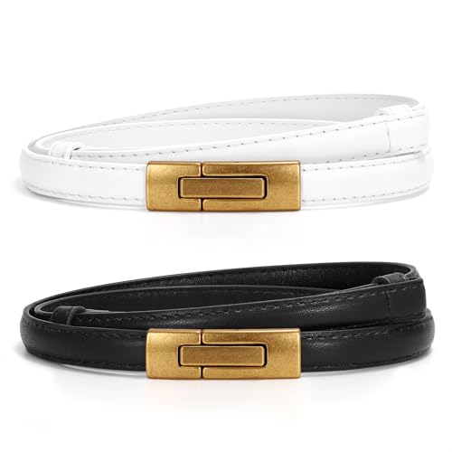 WERFORU Damen Skinny Ledergürtel Verstellbarer dünner Taillengürtel Dekorativer Gürtel für Kleider Jeans Mantel mit goldener Drehschnalle von WERFORU