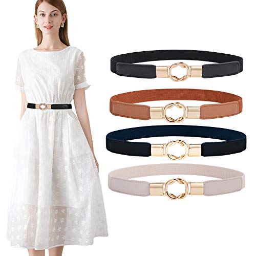WERFORU 4 Stücke Dünne Gürtel Damen Elastische Taillengürtel Dehnbarer Kleid Gürtel mit Goldene Schnalle Schwarz/Braun/Blau/Beige von WERFORU