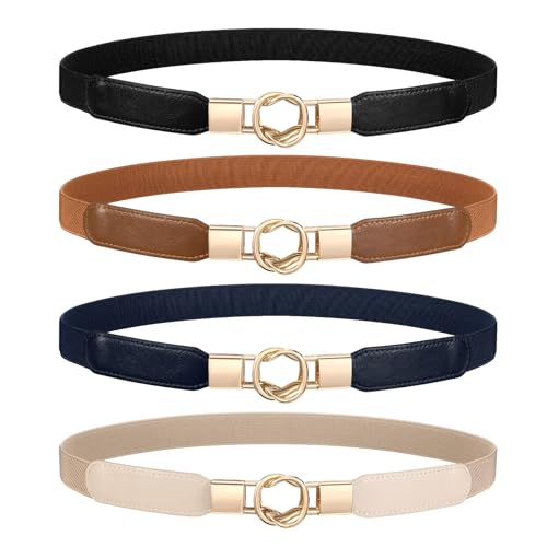WERFORU 4 Stücke Dünne Gürtel Damen Elastische Taillengürtel Dehnbarer Kleid Gürtel mit Goldene Schnalle Schwarz/Braun/Blau/Beige von WERFORU