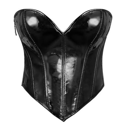 WERFORU Leder Korsett für Damen Kunstleder Corsage Trägerloses Korsett Top Reißverschluss Bustier Weste Schwarz von WERFORU