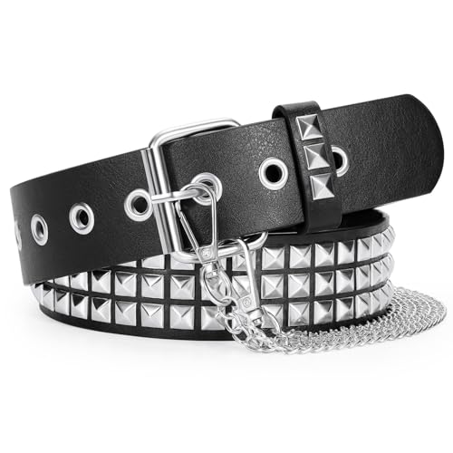 WERFORU Leder Nietengürtel mit Kette Punk Rock Metall Nietengürtel für Damen Herren Punk Gothic Ledergürtel mit Kette Schwarz von WERFORU