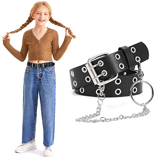 WERFORU Mädchen Gürtel mit Kette Kinder Mode Punk PU Leder Gürtel mit abnehmbarer Kette Schwarz von WERFORU