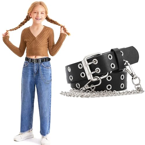 WERFORU Mädchengürtel mit Kette Kinder Punk PU Leder Taillengürtel mit abnehmbarer Kette Schwarz von WERFORU