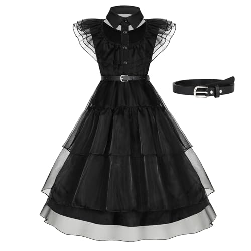 WERFORU Halloween Kostüm Kinder Mittwoch Kostüm für Mädchen Schwarzes Gotisches Kleid für Karneval, Party, Halloween, Cosplay von WERFORU
